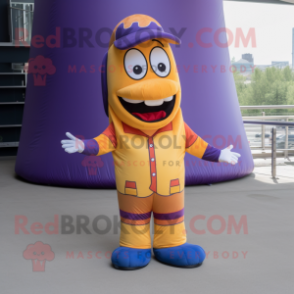 Purple Hot Dog mascot costume character dressed with a Flare Jeans and Foot pads