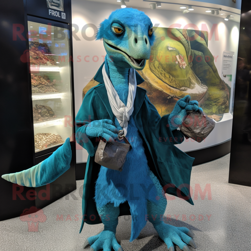 Cyan Utahraptor mascot costume character dressed with a Coat and Coin purses
