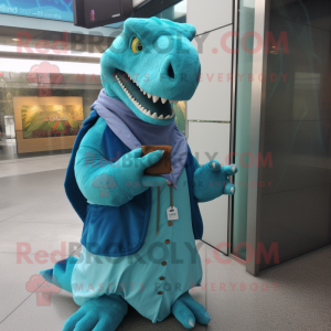 Cyan Utahraptor mascot costume character dressed with a Coat and Coin purses