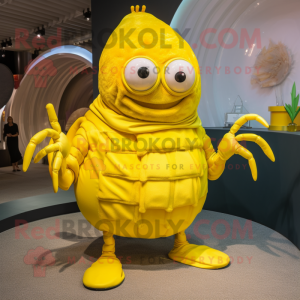 Lemon Yellow Hermit Crab mascot costume character dressed with a Bodysuit and Earrings