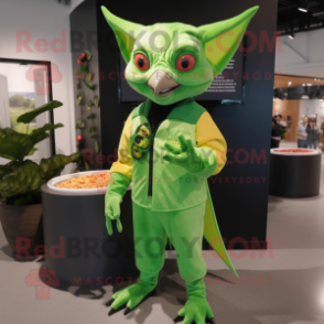 Lime Green Fruit Bat mascot costume character dressed with a Jeggings and Cufflinks