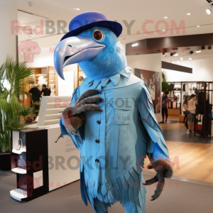Sky Blue Vulture mascot costume character dressed with a Chinos and Hats