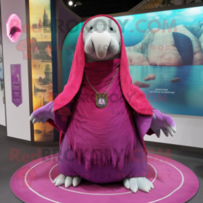 Magenta Walrus mascot costume character dressed with a Mini Skirt and Shawls