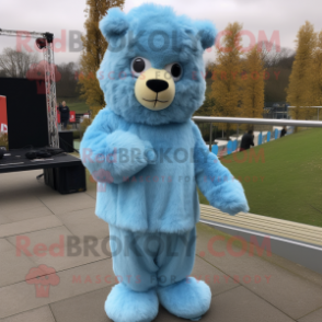 Sky Blue Alpaca mascot costume character dressed with a Jeggings and Hair clips