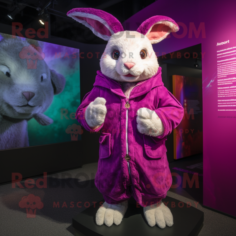 Magenta Wild Rabbit mascot costume character dressed with a Jacket and Wraps