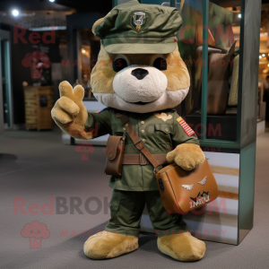 Rust Green Beret mascot costume character dressed with a V-Neck Tee and Handbags