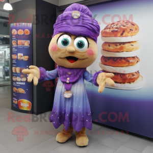 Purple Bagels mascot costume character dressed with a A-Line Dress and Scarf clips