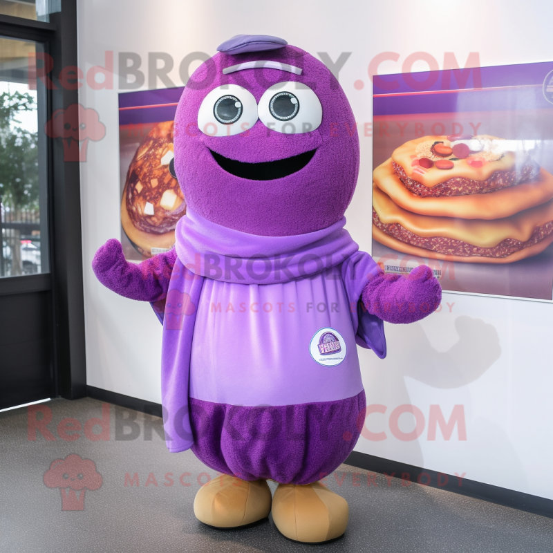 Purple Bagels mascot costume character dressed with a A-Line Dress and Scarf clips