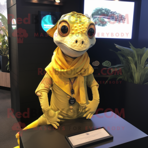 Yellow Geckos mascot costume character dressed with a Polo Tee and Shawl pins