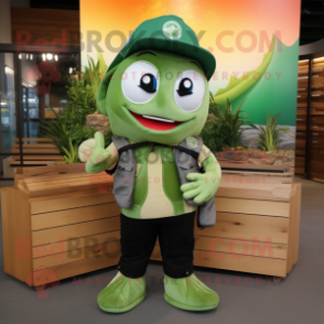 Forest Green Fish Tacos mascot costume character dressed with a Overalls and Messenger bags