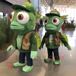 Forest Green Fish Tacos mascot costume character dressed with a Overalls and Messenger bags