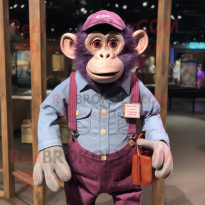 Magenta Chimpanzee mascot costume character dressed with a Chambray Shirt and Coin purses