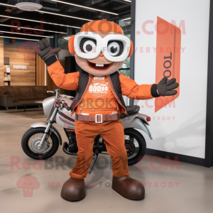 Rust Juggle mascot costume character dressed with a Moto Jacket and Messenger bags
