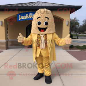 Gold Jambalaya mascot costume character dressed with a Suit Jacket and Wraps