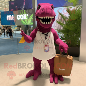 Magenta T Rex mascot costume character dressed with a Board Shorts and Handbags