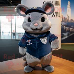 Navy Chinchilla mascot costume character dressed with a V-Neck Tee and Lapel pins