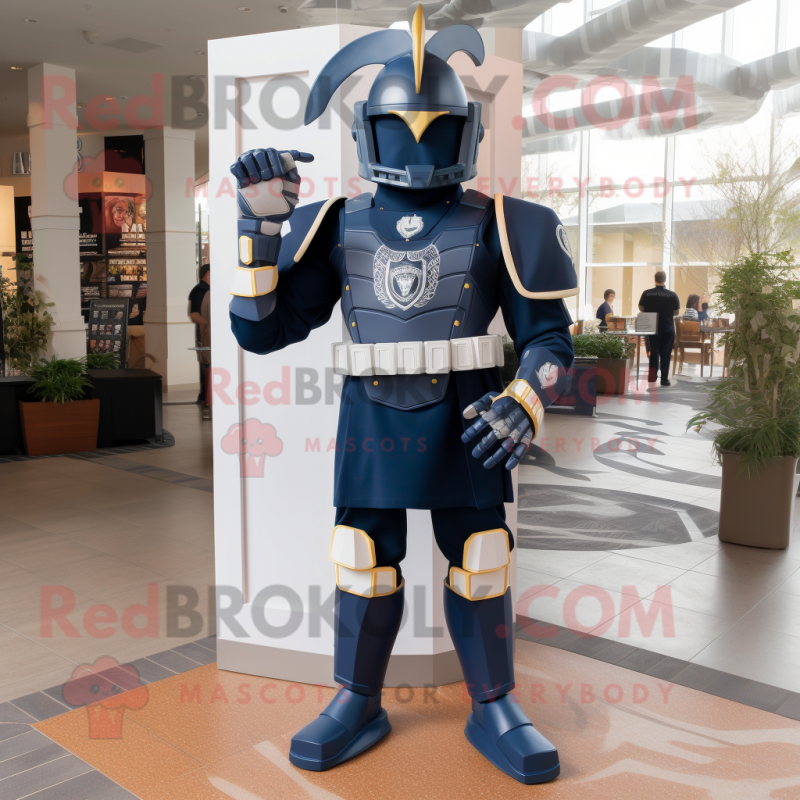 Navy Spartan Soldier mascot costume character dressed with a Blazer and Rings