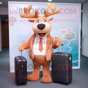 Peach Elk mascot costume character dressed with a Suit Pants and Briefcases