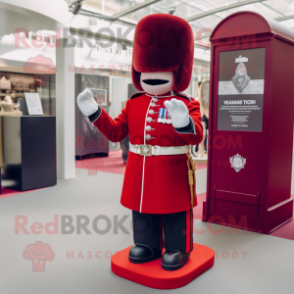 Maroon British Royal Guard mascot costume character dressed with a Wedding Dress and Cufflinks