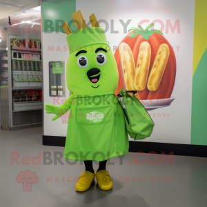 Lime Green French Fries mascot costume character dressed with a A-Line Skirt and Tote bags