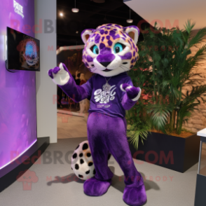 Purple Cheetah mascot costume character dressed with a Jeggings and Necklaces