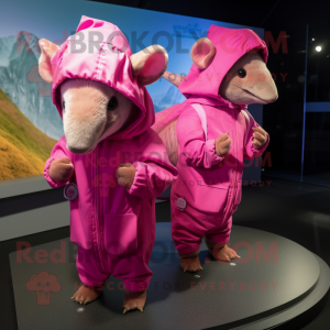 Pink Armadillo mascot costume character dressed with a Raincoat and Brooches