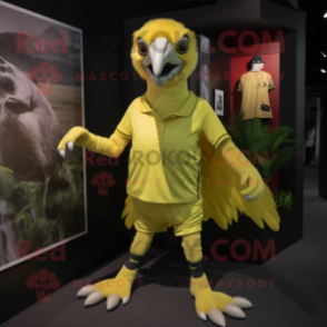 Lemon Yellow Vulture mascot costume character dressed with a Running Shorts and Mittens