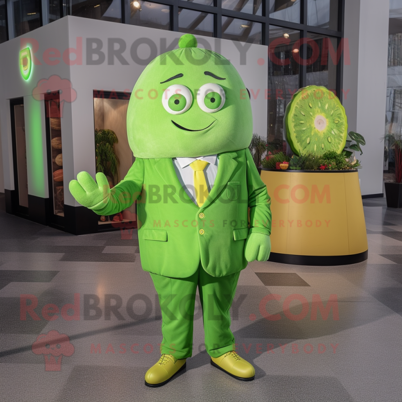 Lime Green Zucchini mascot costume character dressed with a Suit Jacket and Coin purses