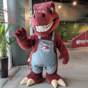 Maroon Iguanodon mascot costume character dressed with a Dungarees and Hair clips