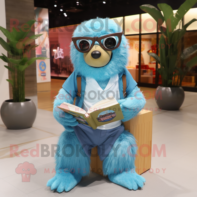 Sky Blue Sloth mascot costume character dressed with a Boyfriend Jeans and Reading glasses