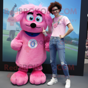 Pink Shepard'S Pie mascot costume character dressed with a Boyfriend Jeans and Rings