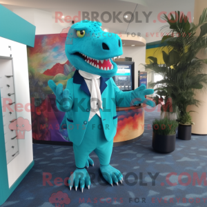 Turquoise T Rex mascot...