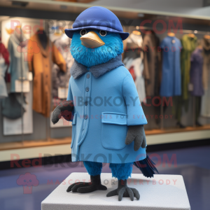 Blue Blackbird mascot costume character dressed with a Coat and Beanies