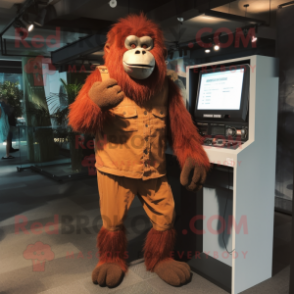 Rust Orangutan mascot costume character dressed with a Henley Tee and Shoe laces