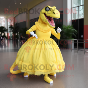Lemon Yellow T Rex mascot costume character dressed with a Ball Gown and Shoe laces