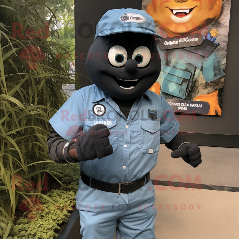 Black Commando mascot costume character dressed with a Chambray Shirt and Bracelet watches