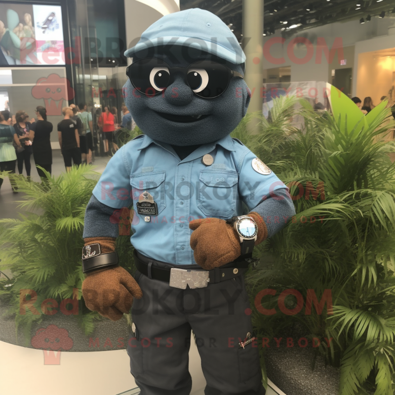 Black Commando mascot costume character dressed with a Chambray Shirt and Bracelet watches