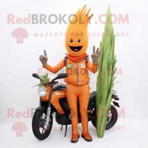 Orange Asparagus mascot costume character dressed with a Biker Jacket and Hairpins