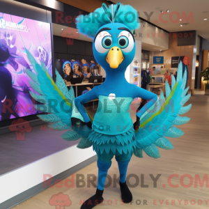 Cyan Peacock mascot costume...