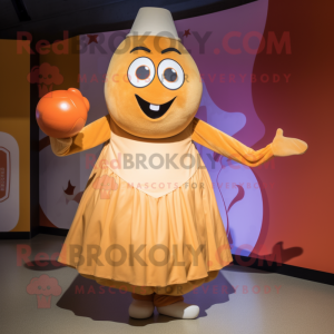 Tan Shakshuka mascot costume character dressed with a Ball Gown and Mittens