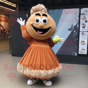 Tan Shakshuka mascot costume character dressed with a Ball Gown and Mittens