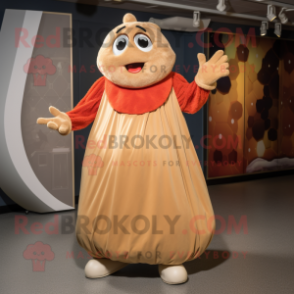 Tan Shakshuka mascot costume character dressed with a Ball Gown and Mittens