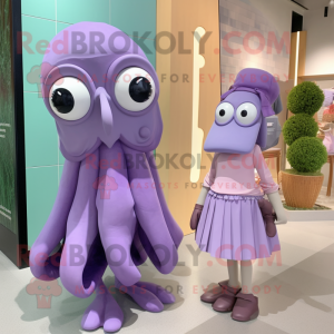 Lavender Squid mascot costume character dressed with a Wrap Skirt and Shoe clips
