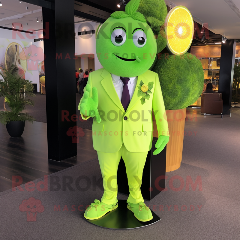 Lime Green Grape mascot costume character dressed with a Suit and Shoe laces