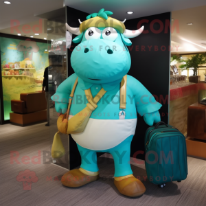 Cyan Beef Wellington mascot costume character dressed with a Shorts and Messenger bags