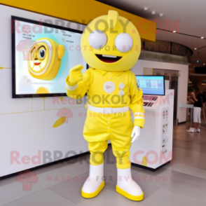 Lemon Yellow Ice Cream mascot costume character dressed with a Playsuit and Digital watches