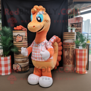 Peach Sea Horse mascot costume character dressed with a Flannel Shirt and Coin purses