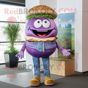 Lavender Hamburger mascot costume character dressed with a Boyfriend Jeans and Necklaces