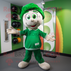 Green Juggle mascot costume character dressed with a T-Shirt and Beanies