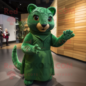 Forest Green Jaguarundi mascot costume character dressed with a Pleated Skirt and Mittens